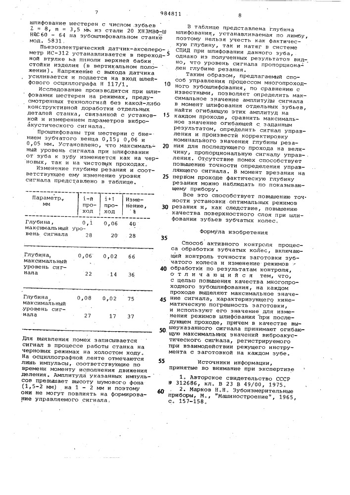 Способ активного контроля процесса обработки зубчатых колес (патент 984811)