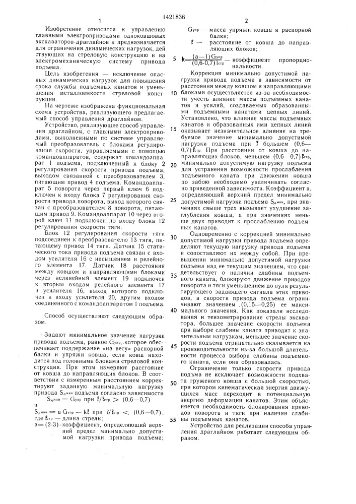 Способ управления драглайном и устройство для его осуществления (патент 1421836)