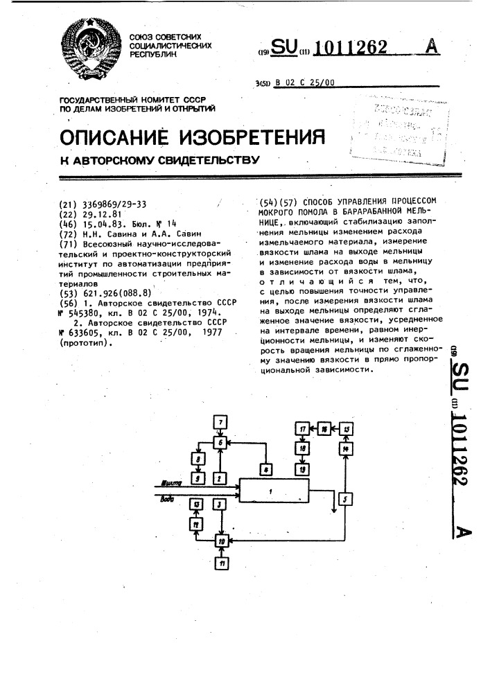 Способ управления процессом мокрого помола в барабанной мельнице (патент 1011262)