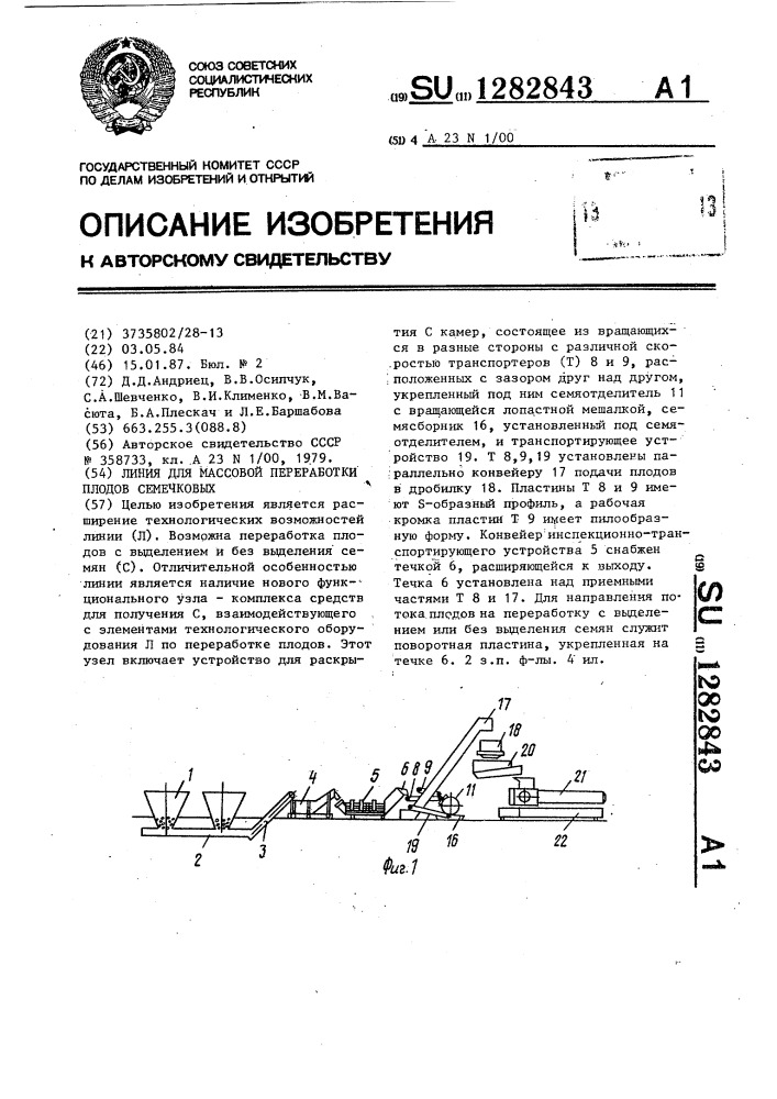 Линия для массовой переработки плодов семечковых (патент 1282843)