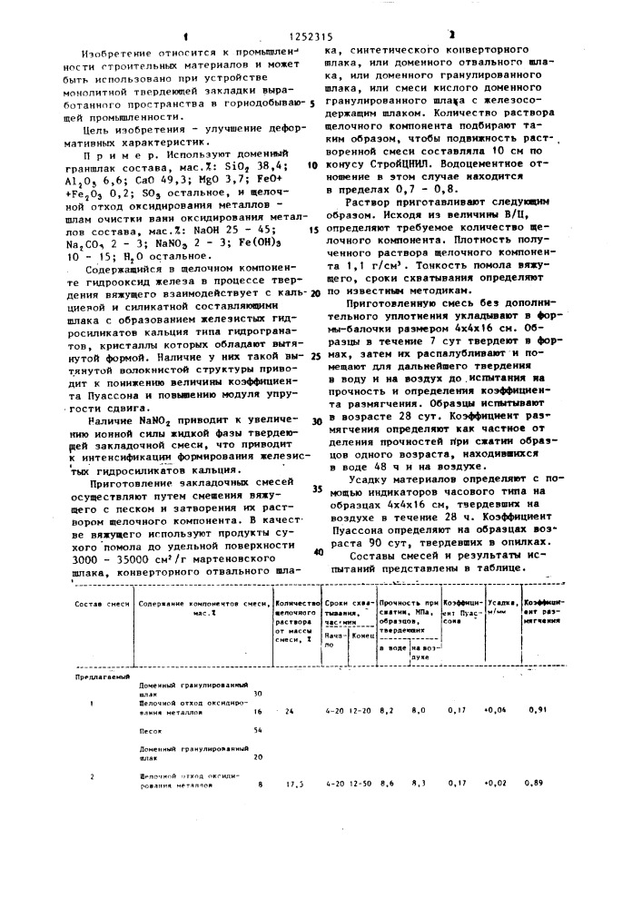 Закладочная строительная смесь (патент 1252315)