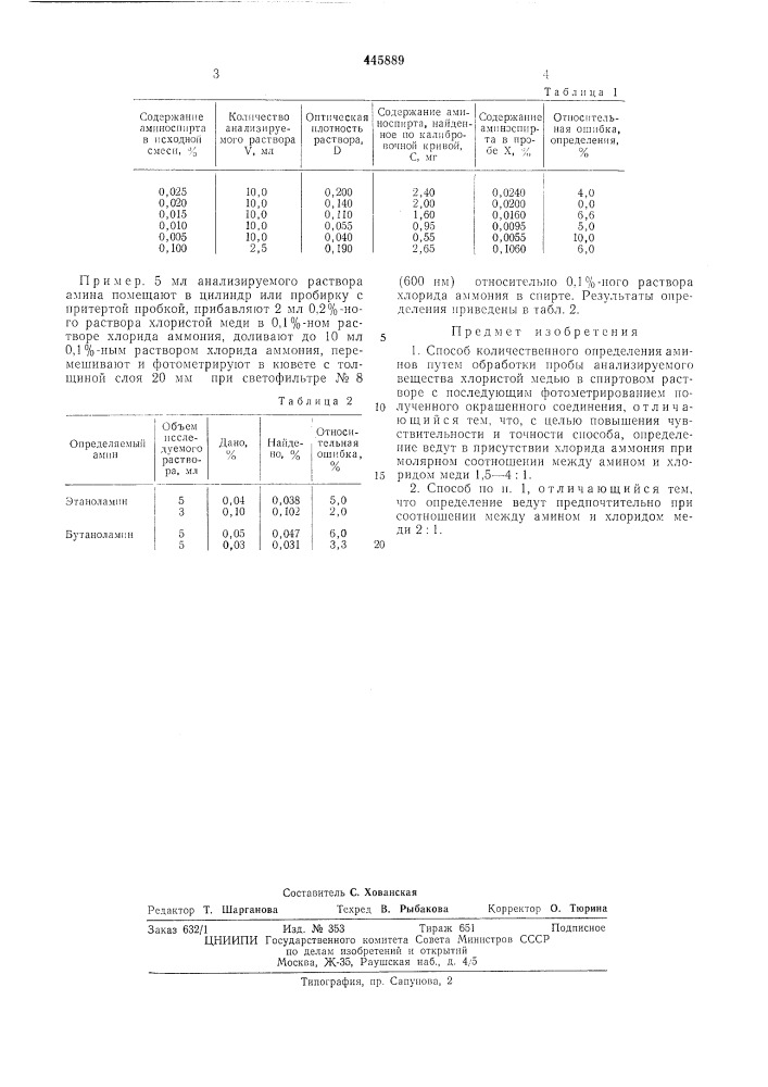 Способ количественного определения аминов (патент 445889)