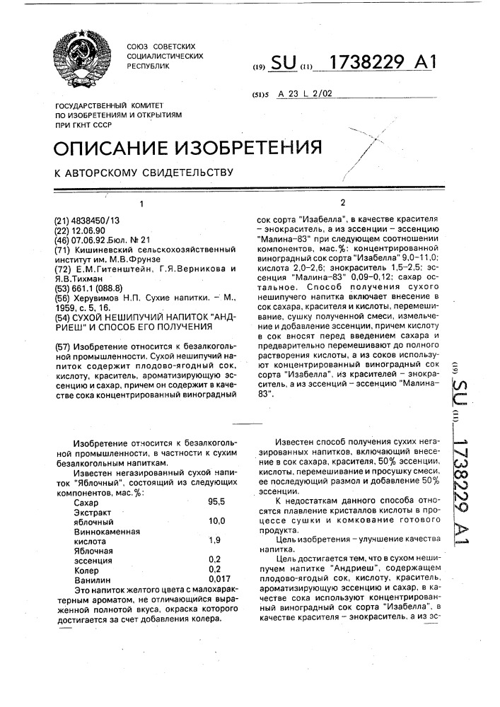 "сухой нешипучий напиток "андриеш" и способ его получения" (патент 1738229)