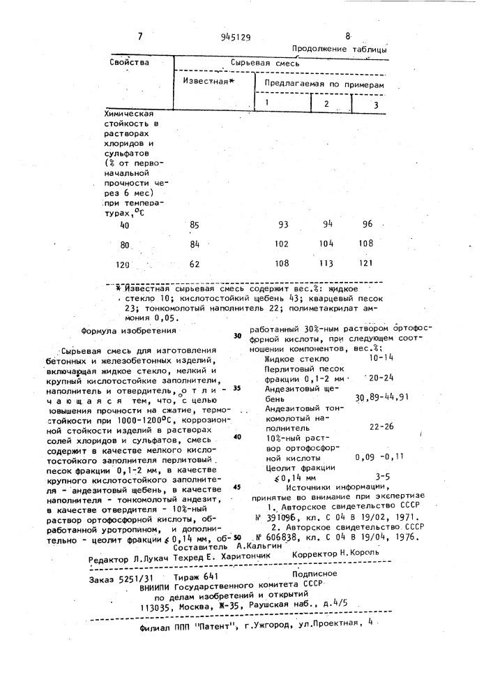 Сырьевая смесь для изготовления бетонных и железобетонных изделий (патент 945129)