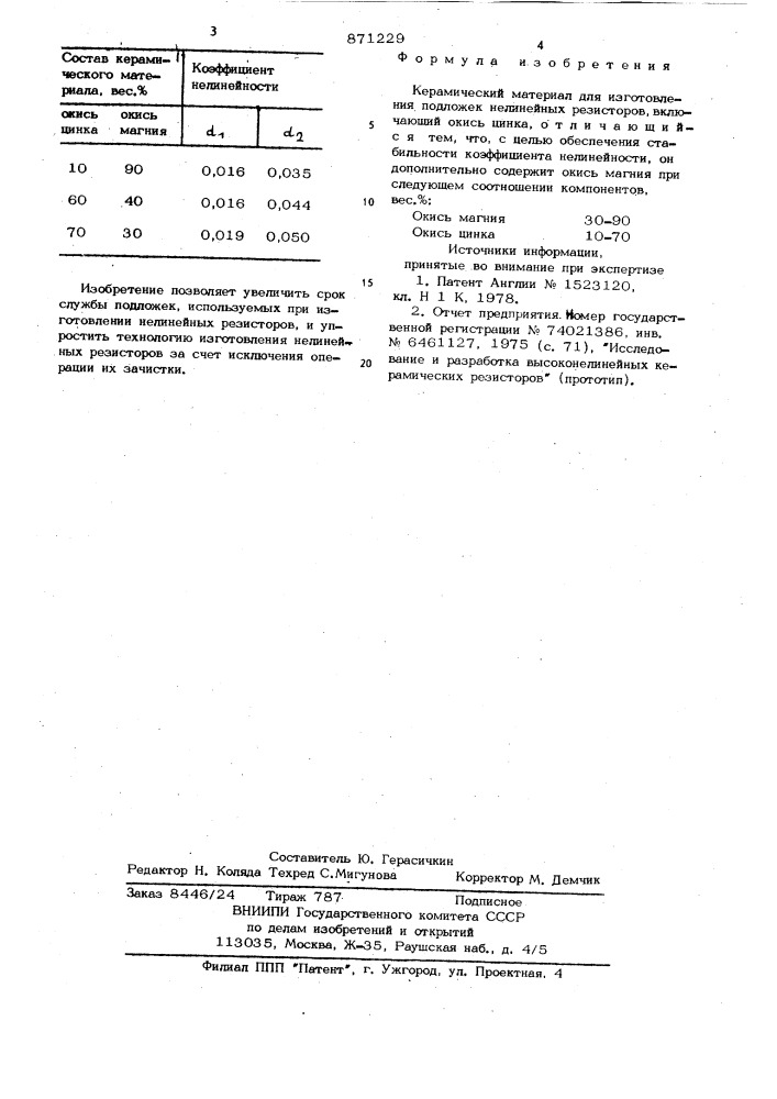 Керамический материал для изготовления подложек нелинейных резисторов (патент 871229)