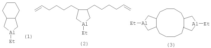 Способ совместного получения 3-этил-3-алюминадицикло[0 1,5]-нонана, 3,4-ди(5-гексенил)-1-этилалюминациклопентана и 3,12-диэтил-3,12-диалюминатрицикло[01,5 .010,14]октадекана (патент 2315054)