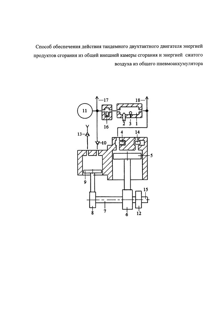 Способ обеспечения действия тандемного двухтактного двигателя энергией продуктов сгорания из общей внешней камеры сгорания и энергией сжатого воздуха из общего пневмоаккумулятора (патент 2638242)