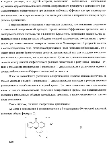 Соли 1-алкиламино-1-дезоксиполиолов с 9-оксоакридин-10-уксусной кислотой, лекарственные препараты на их основе, применение, способы профилактики и лечения (патент 2326115)