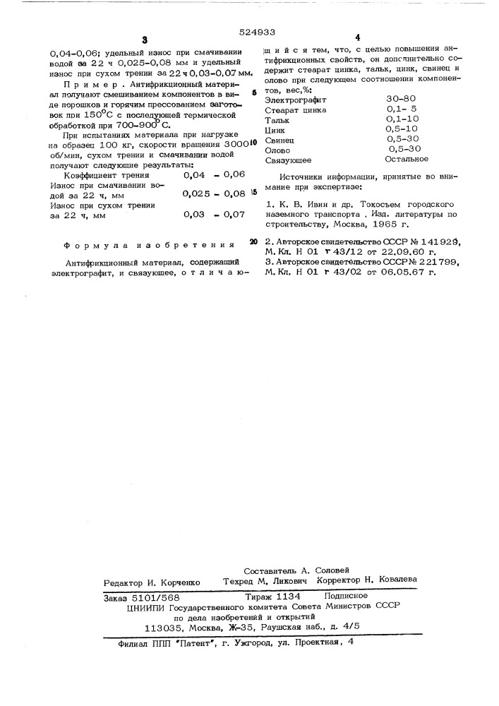 Антифрикционный материал (патент 524933)