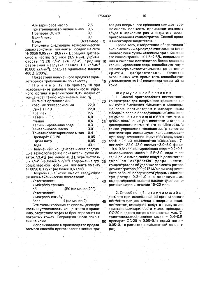 Способ приготовления пигментного концентрата для покрывного крашения кожи (патент 1756432)