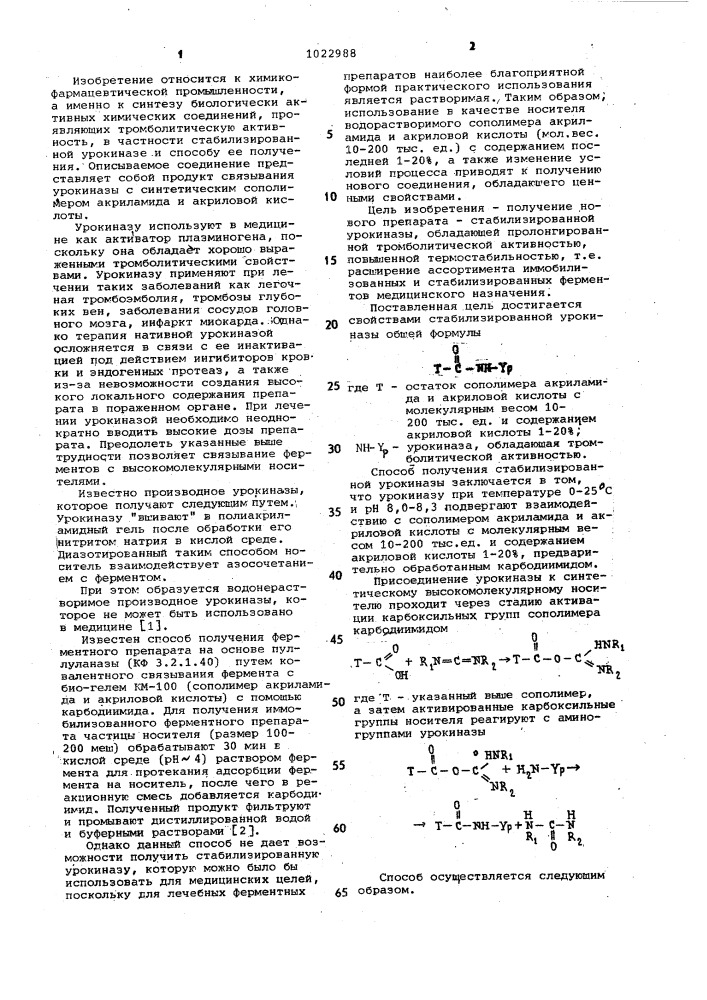 Стабилизированная урокиназа,обладающая тромболитической активностью,и способ ее получения (патент 1022988)