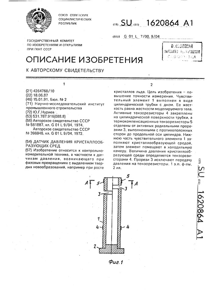 Датчик давления кристаллообразующих сред (патент 1620864)