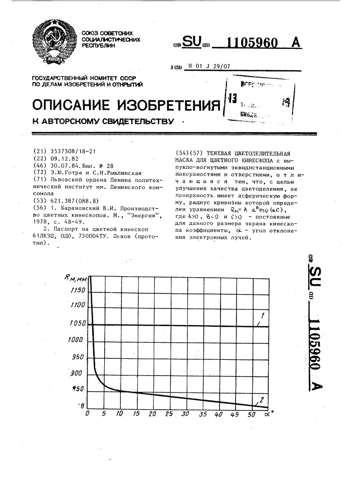 Теневая цветоделительная маска для цветного кинескопа (патент 1105960)