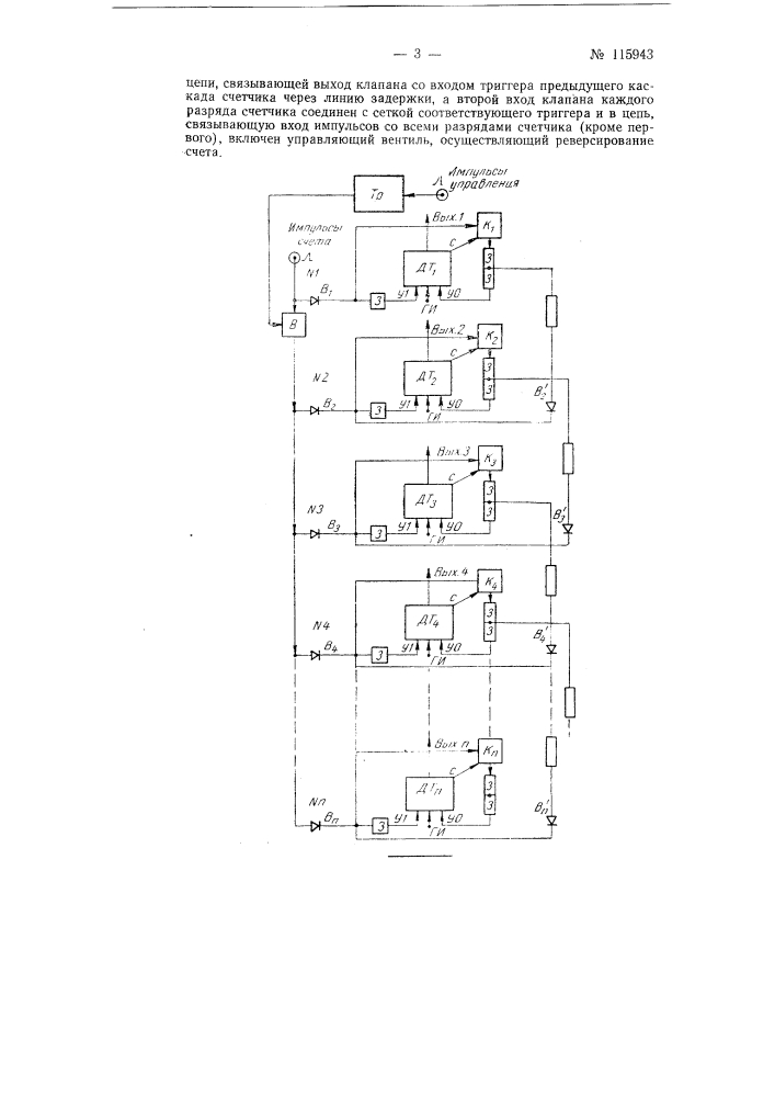 Электронный двоичный счетчик электрических импульсов, например, для цифровых вычислительных машин или цифровых систем автоматического регулирования (патент 115943)