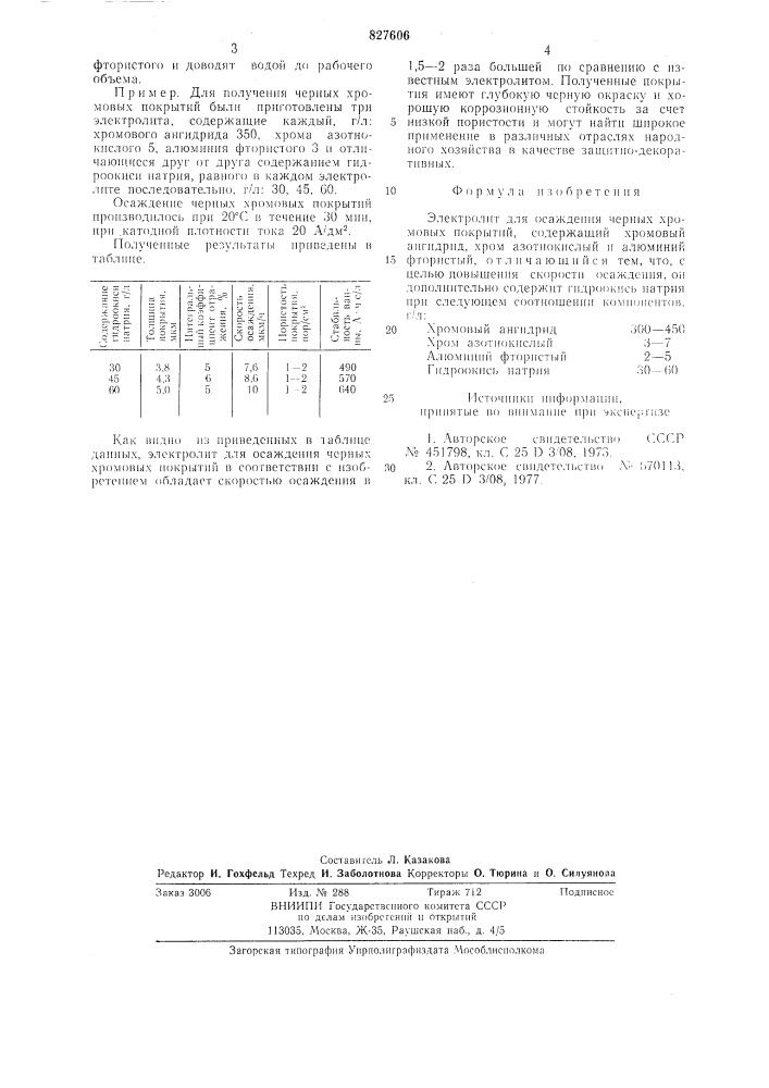 Электролит для осаждения черныххромовых покрытий (патент 827606)