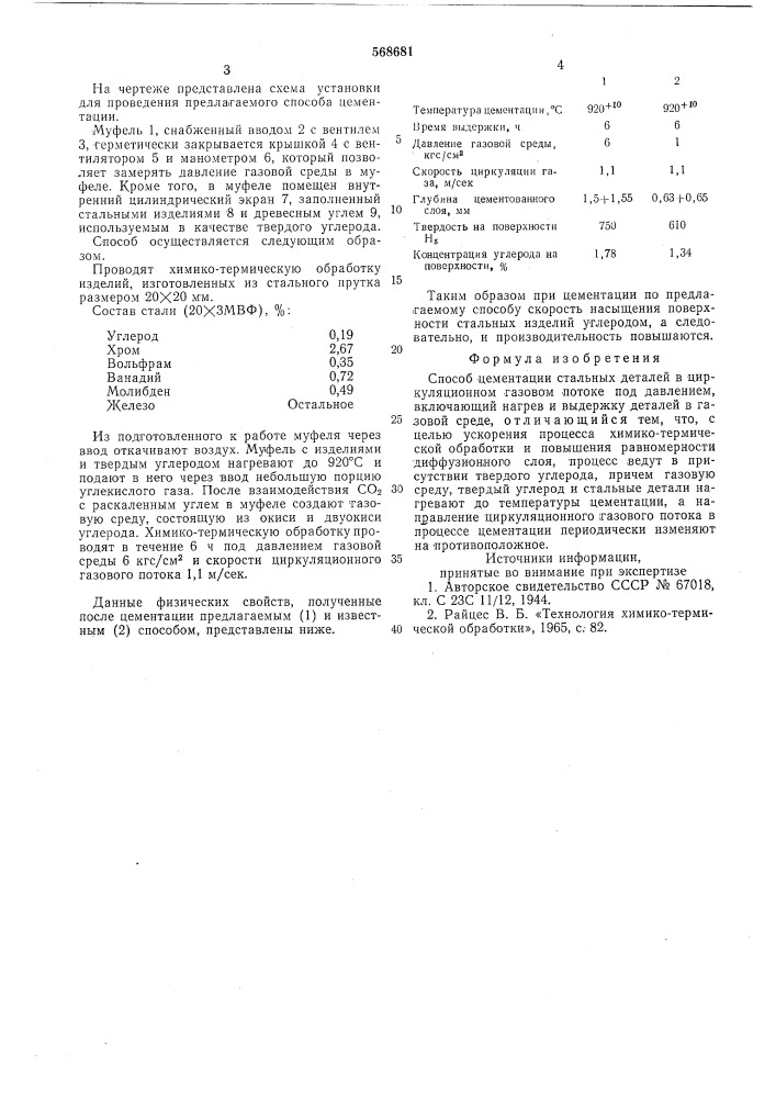 Способ цементации стальных деталей в циркуляционном газовом потоке под давлением (патент 568681)