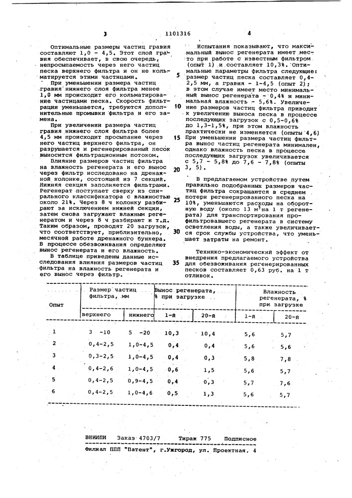 Устройство для обезвоживания регенерированных песков (патент 1101316)