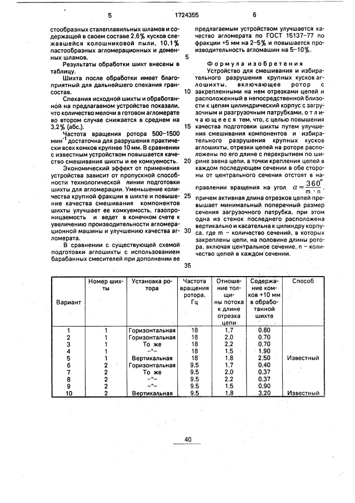 Устройство для смешивания и избирательного разрушения крупных кусков аглошихты (патент 1724355)