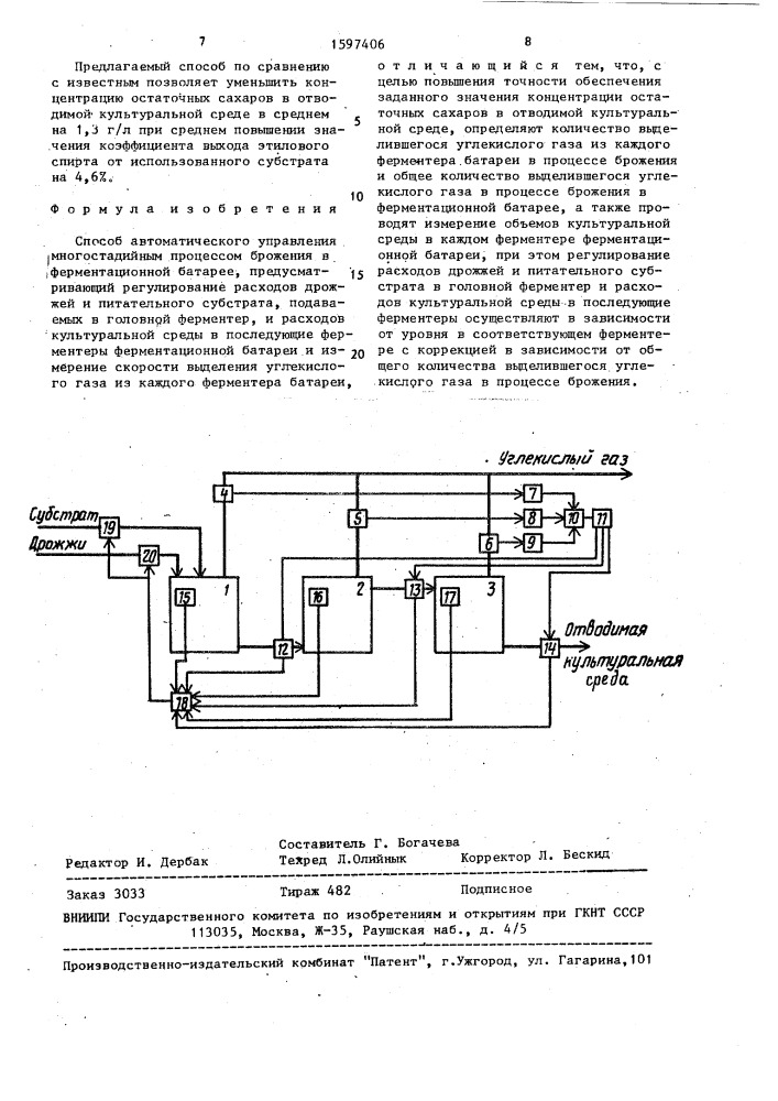 Способ автоматического управления многостадийным процессом брожения в ферментационной батарее (патент 1597406)