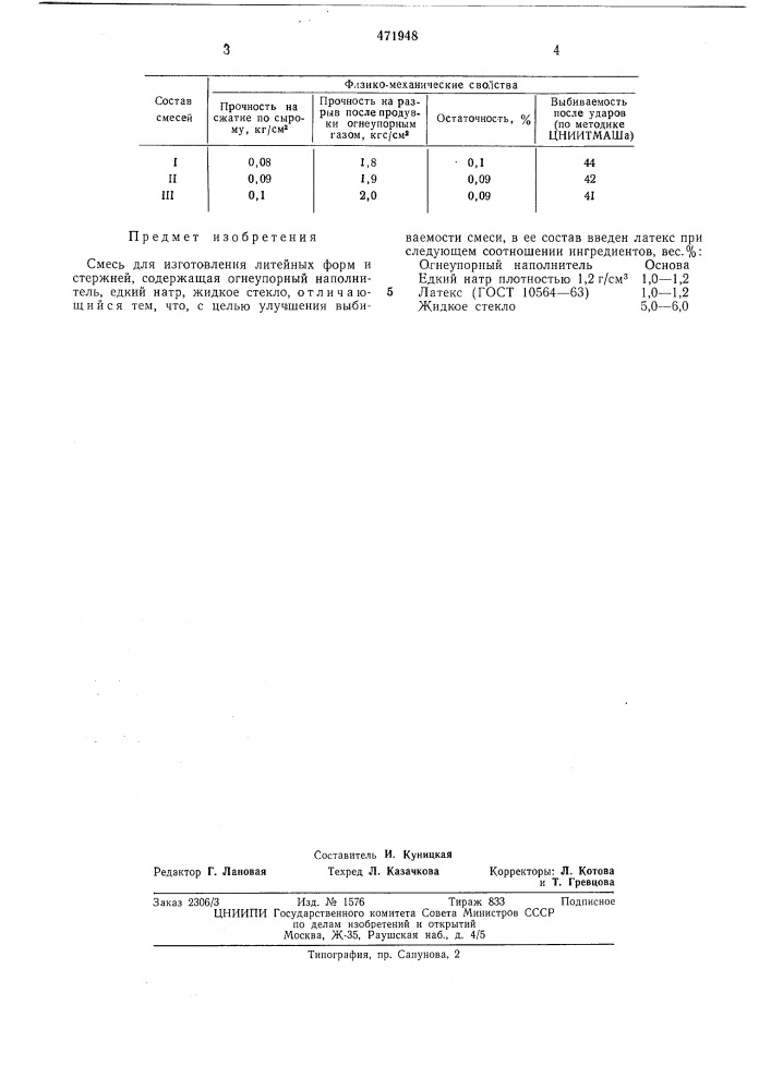 Смесь для изготовления литейных форм и стержней (патент 471948)