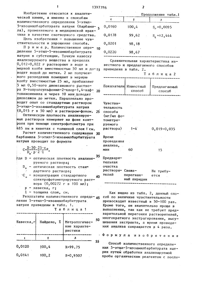 Способ количественного определения 5-этил-5- изоамилбарбитурата натрия (патент 1397786)