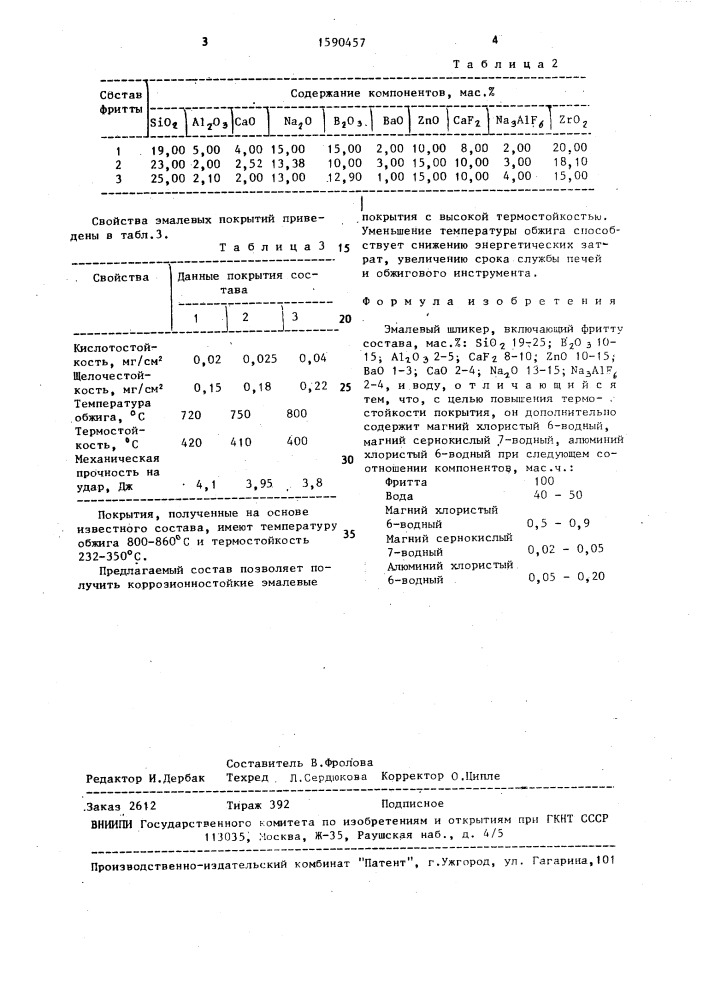 Эмалевый шликер (патент 1590457)