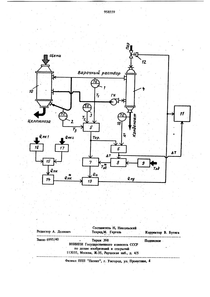 Система автоматического управления температурным режимом варки сульфатной целлюлозы (патент 958559)