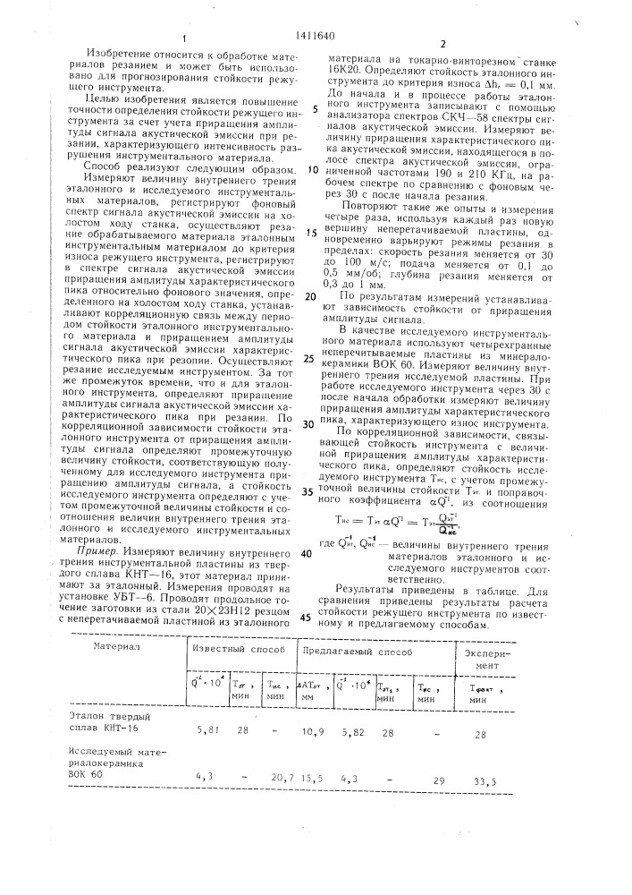 Способ определения стойкости режущего инструмента (патент 1411640)