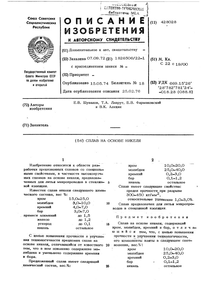 Сплав на основе никеля (патент 428028)