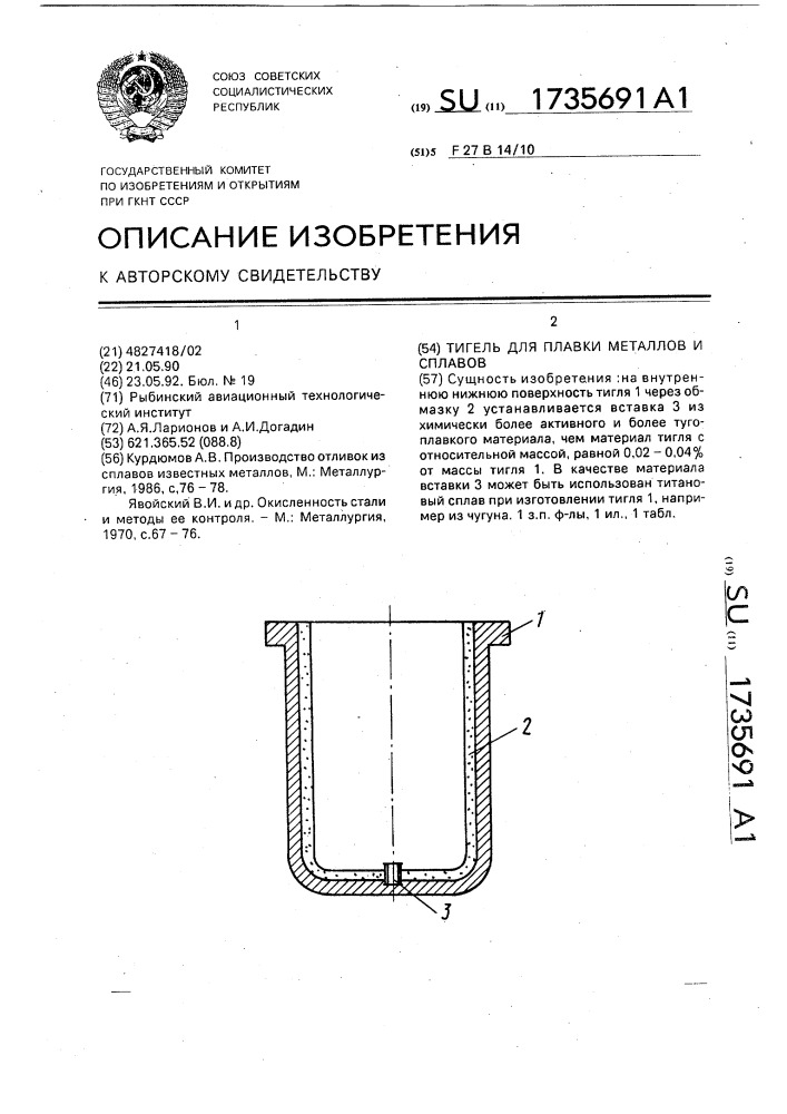 Тигель для плавки металлов и сплавов (патент 1735691)