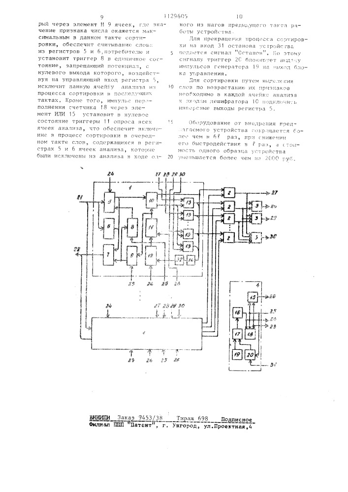 Устройство для сортировки чисел (патент 1129605)