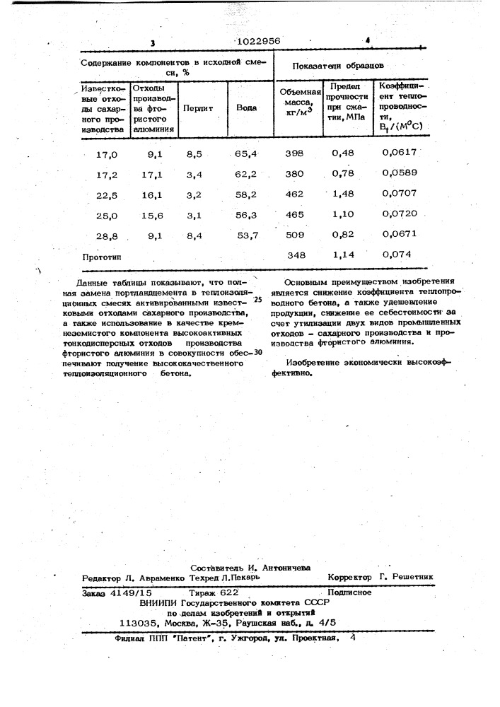 Сырьевая смесь для изготовления теплоизоляционного бетона (патент 1022956)