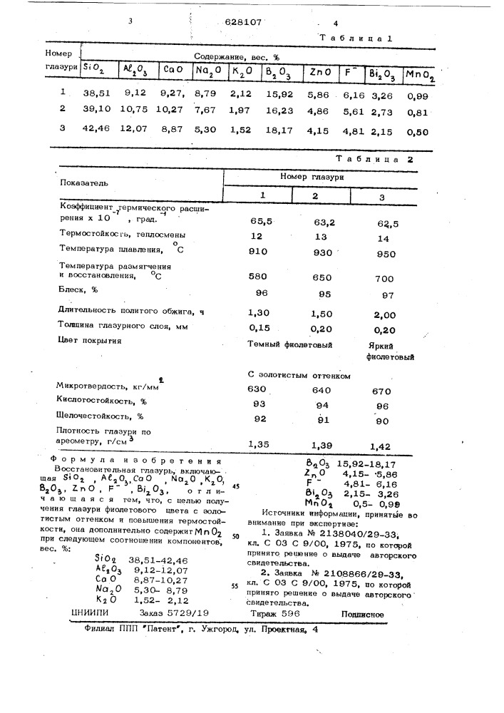 Восстановительная глазурь (патент 628107)