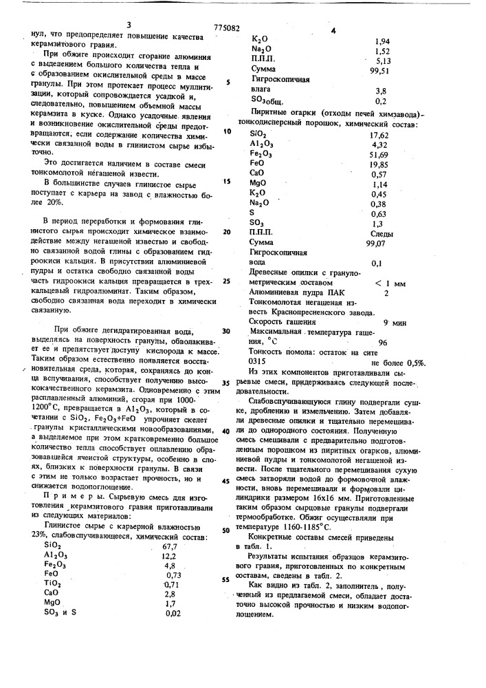 Сырьевая смесь для производства легкого заполнителя (патент 775082)