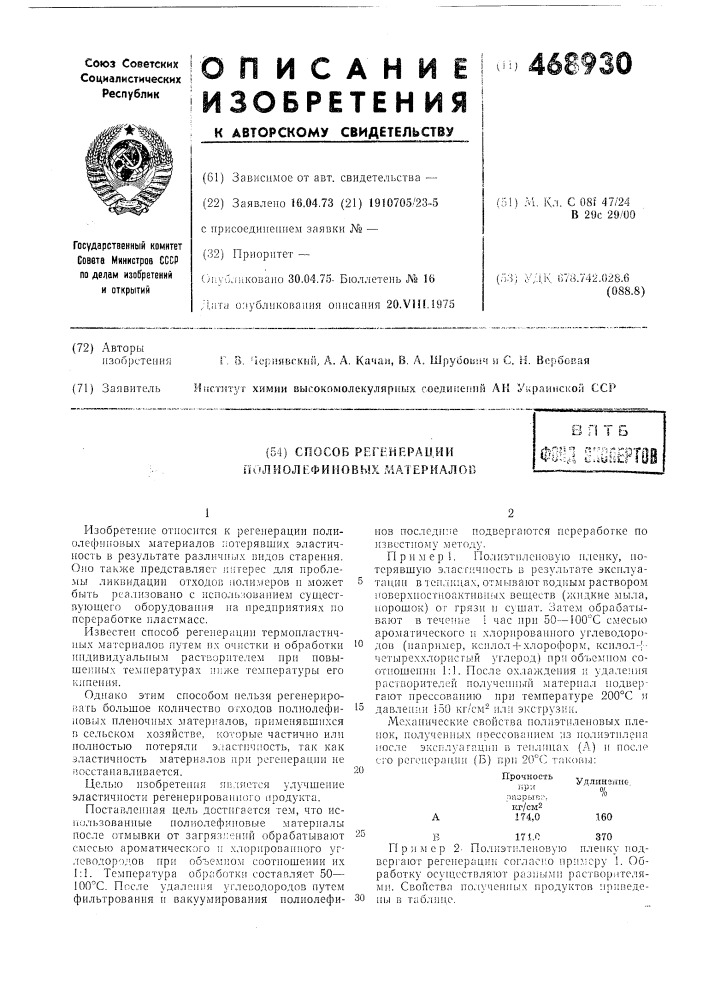 Способ регенерации полиолефиновых материалов (патент 468930)