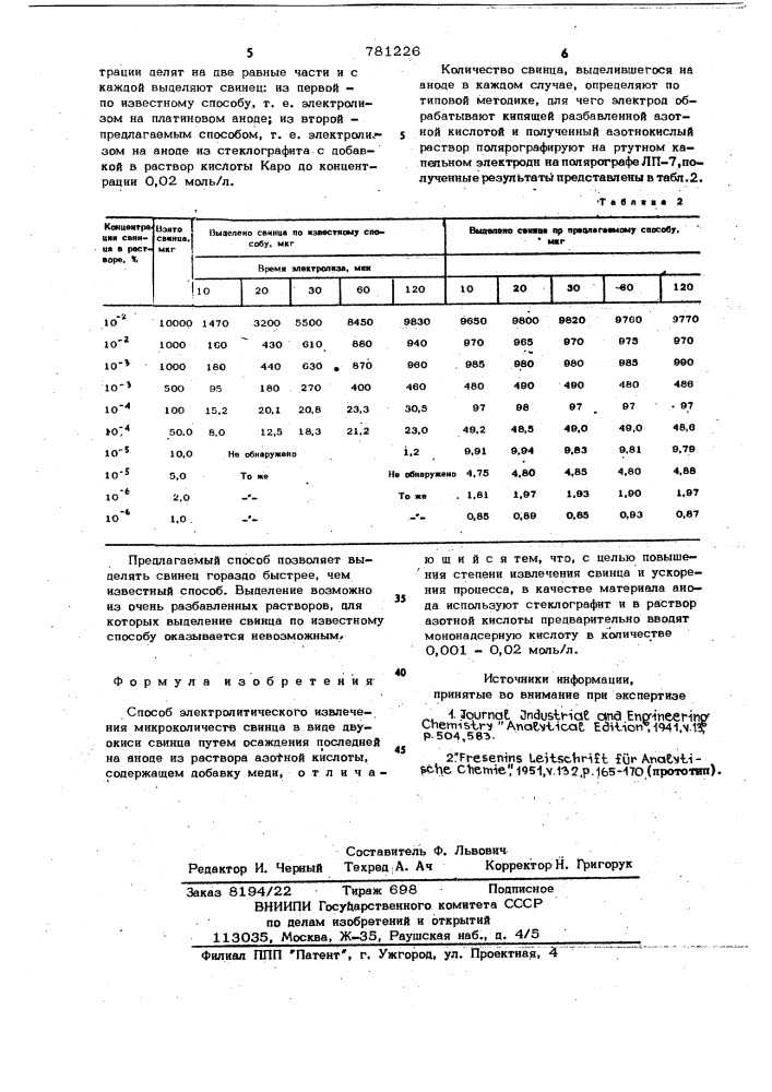 Способ электролитического извлечения микроколичеств свинца (патент 781226)