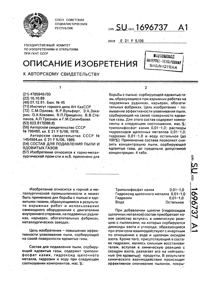 Состав для подавления пыли и ядовитых газов (патент 1696737)