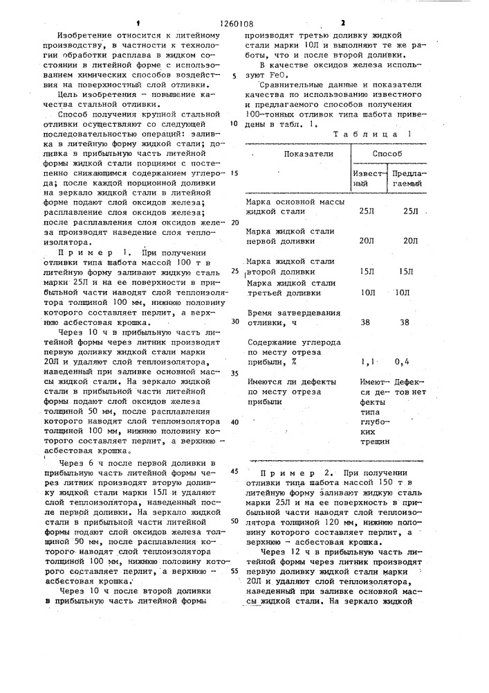 Способ получения крупной стальной отливки (патент 1260108)