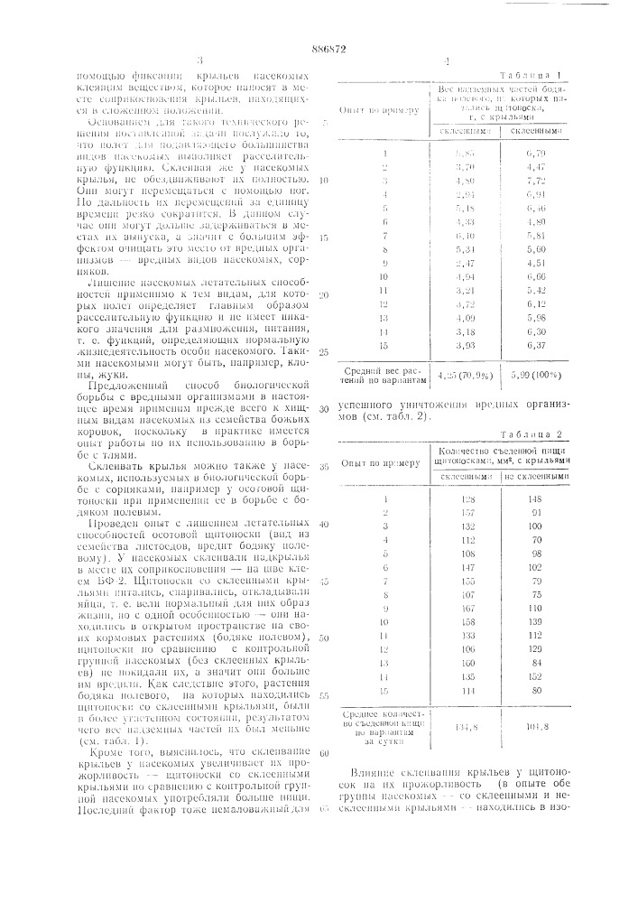 Способ борьбы с вредными организмами с помощью насекомых (патент 886872)