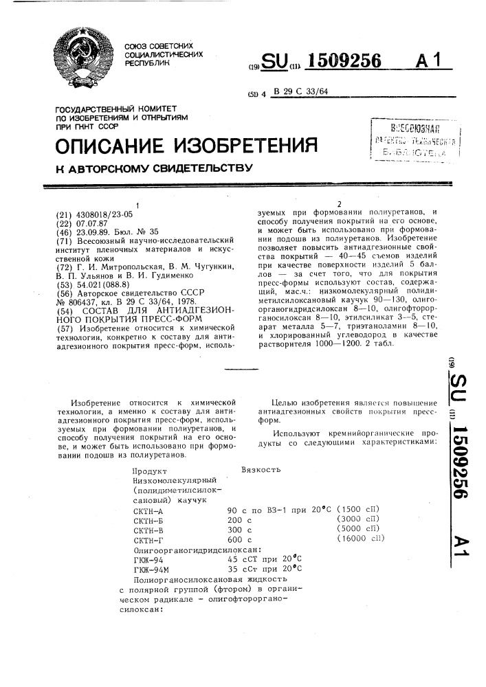 Состав для антиадгезионного покрытия пресс-форм (патент 1509256)