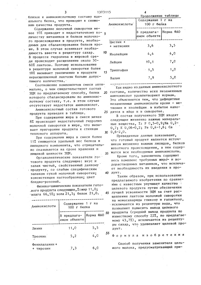 Способ получения заменителя цельного молока (патент 1303115)