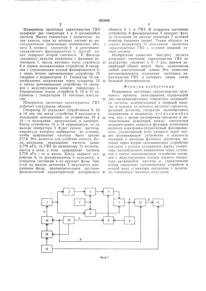 Измеритель частотных характеристик группового времени запаздывания (патент 563648)