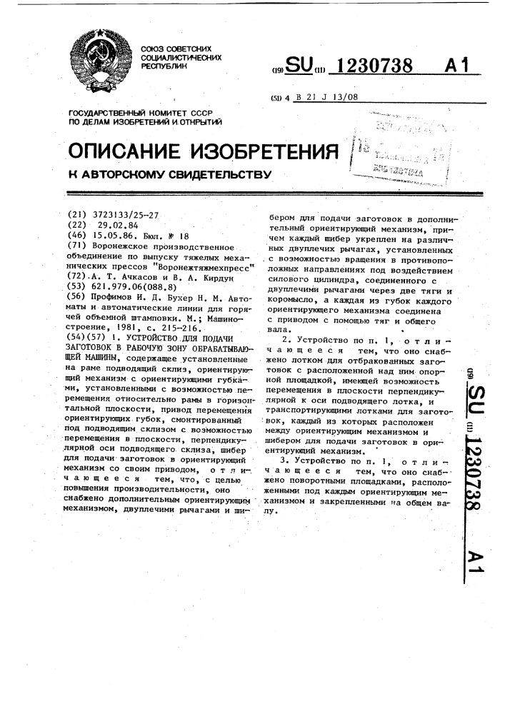 Устройство для подачи заготовок в рабочую зону обрабатывающей машины (патент 1230738)