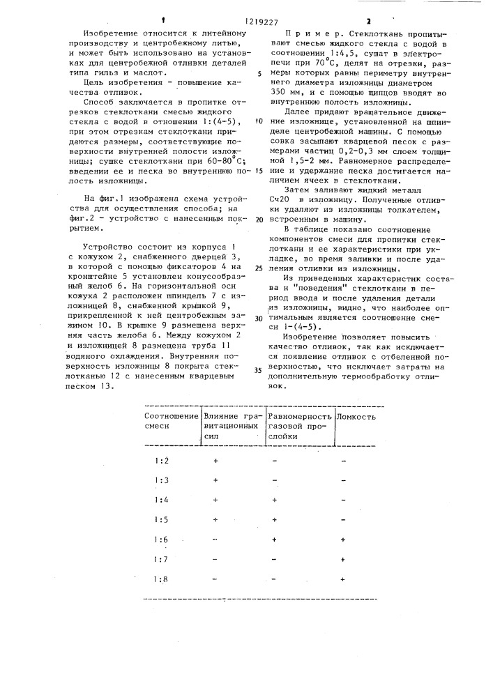 Способ нанесения теплоизоляционного покрытия на внутреннюю поверхность изложницы,используемой для получения отливки центробежным методом (патент 1219227)