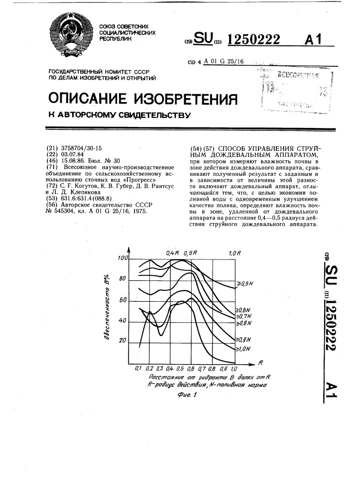 Способ управления струйным дождевальным аппаратом (патент 1250222)