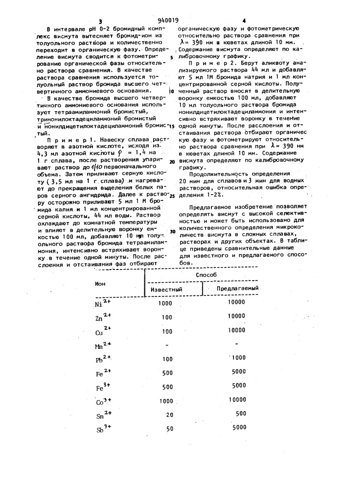 Способ экстракционно-фотометрического определения висмута (патент 940019)