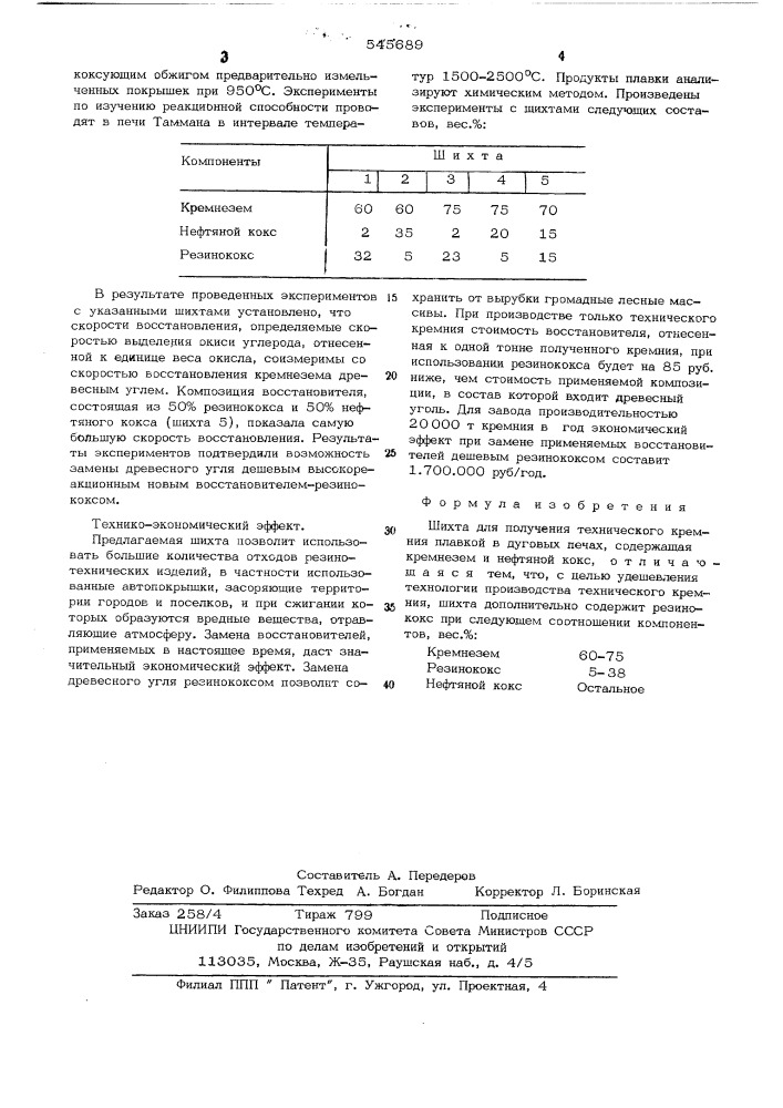 Шихта для получения технического кремния (патент 545689)