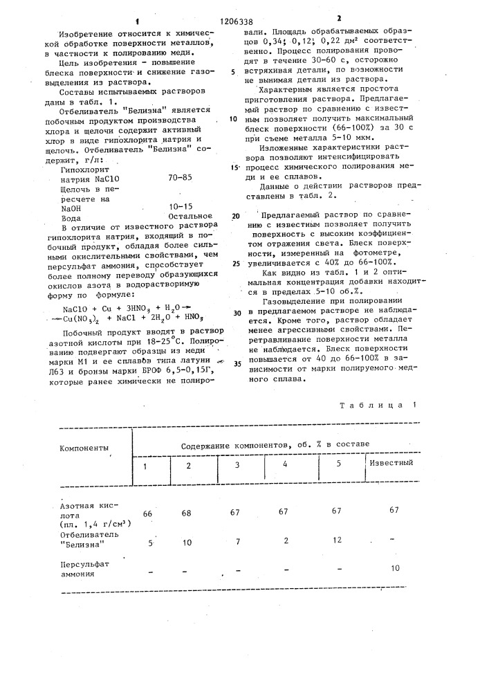 Раствор для химического полирования меди и ее сплавов (патент 1206338)