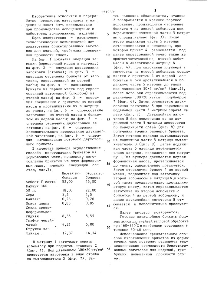 Способ изготовления брикетов из формовочных масс (патент 1219391)