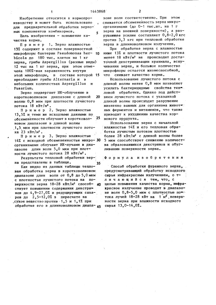 Способ обработки фуражного зерна (патент 1443868)